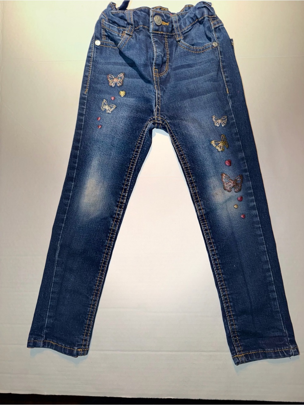 Beautees Dark Blue Denim Jeans with Butterfly Embroidery